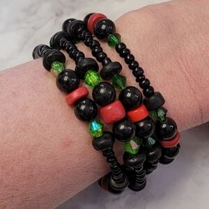 Beaded Coil Wrap Bracelet Black Red Green Boho Retro Handmade Costume Jewelry‎